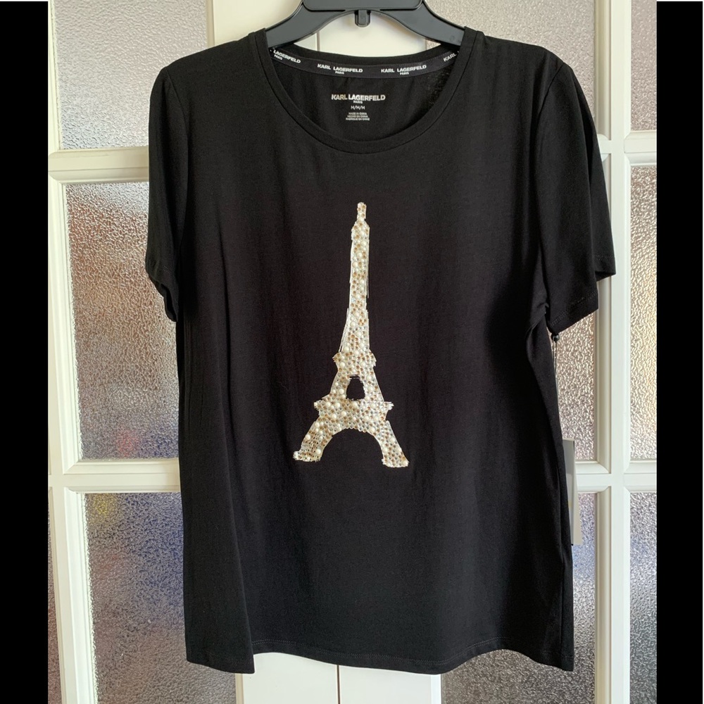 NWT Karl Lagerfeld Paris Pearl & Jewel Eiffel Tee